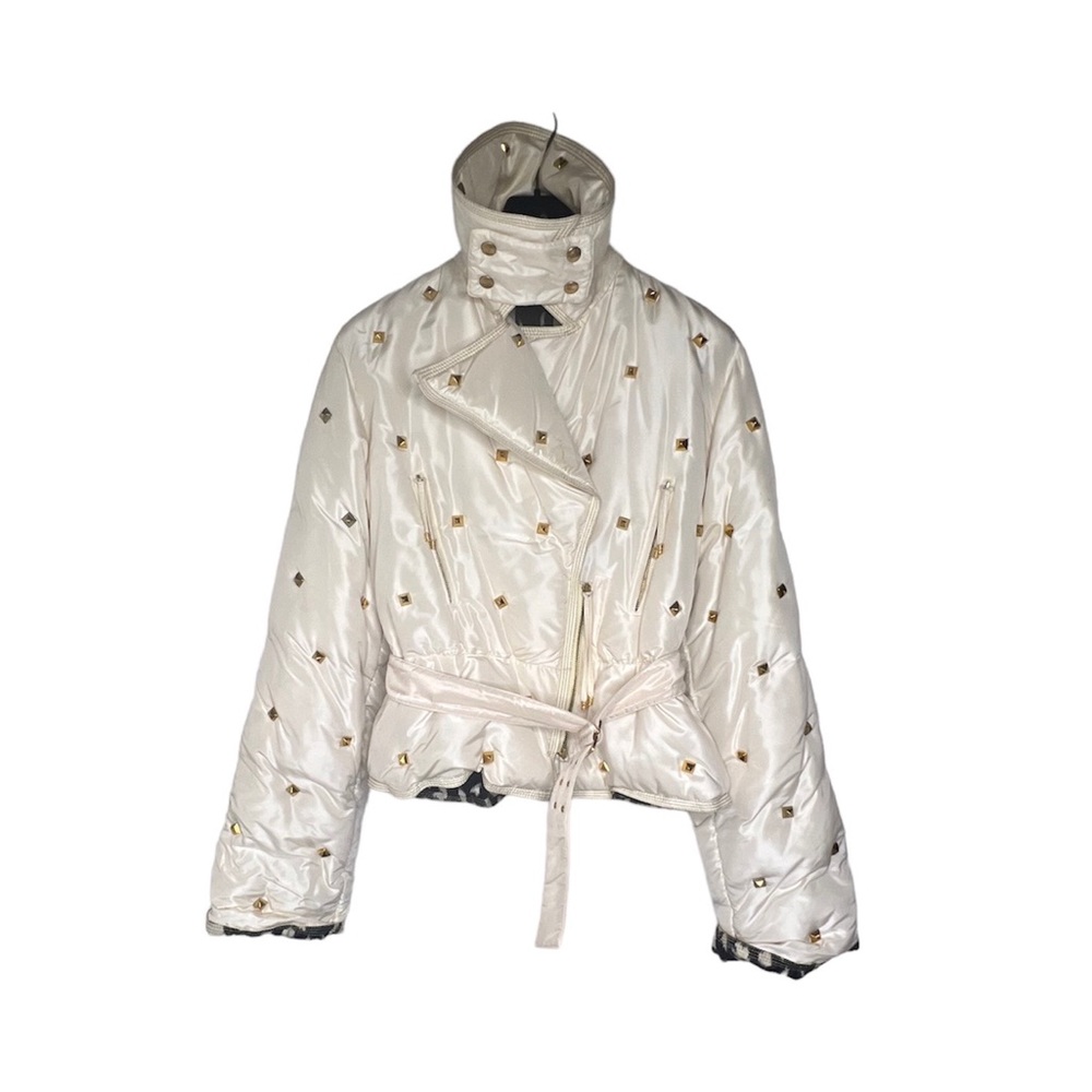 RARE ROBERTO CAVALLI VINTAGE IVORY GOLD STUDDED PUFFER JACKET SIZE L - Picture 1 of 12